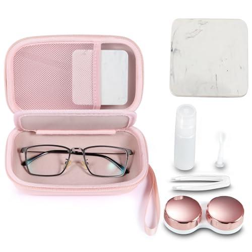 MUQING Portable Glasses and Contact Case 2 in 1, Travel Contact Cases Bag Box Holder, Included Built-in Mirror, Tweezer, Colored Lens Solution Bottle and Hand Strap(Pink)