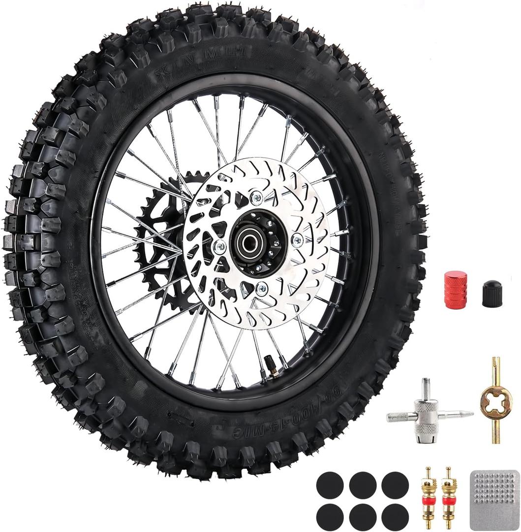 90/100-14 Rear Wheel Tire (3.00x14) Inner Tube 1.85x14 Rim With 15mm Inner Bearing 190mm Brake Disc Rotor Chain Sprockets for Dirt Pit Bike Motocross Off Road (90/100-14 15mm)