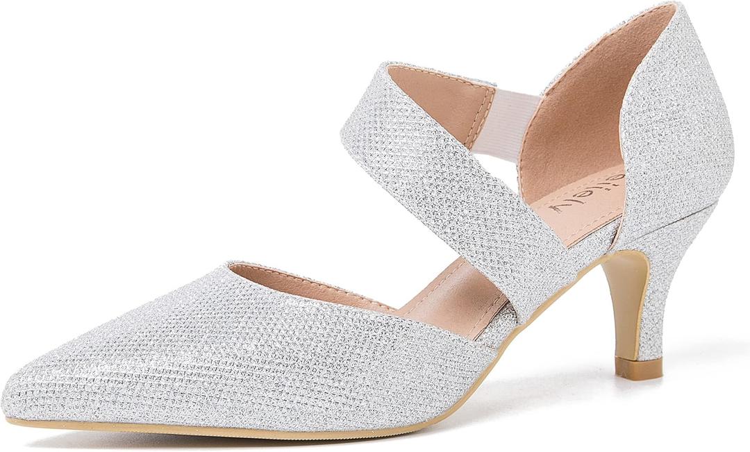Women's Pointed Toe Kitten Heel Pumps, Elastic Strap Dress Shoes, Slip On Professional Office Wear (Silver, M)