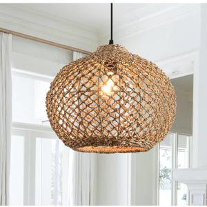 1-Pack 13.79 Rattan Pendant Light Fixture,1-Light Bohemian Handmade Woven Bamboo Wicker Suspension Farmhouse Chandelier for Kitchen Island Bedroom Living Room