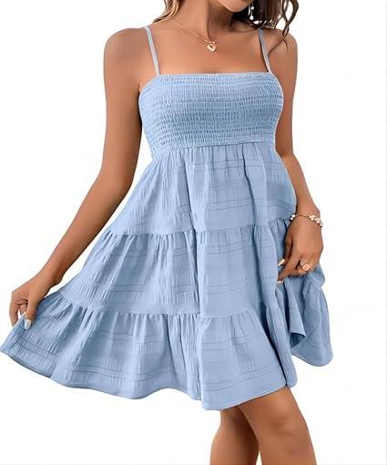 Womens Vacation Summer Casual A Line Swing Dress Ruched Bust Sleeveless Solid Ruffle Hem Cami Short Dress Babyblue S