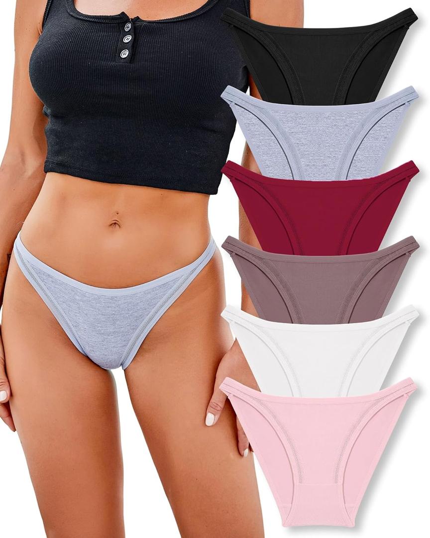 FINETOO 6 Pack String Underwear for Women Cotton High Cut Stretch Breathable Low Rise Hipster Cheeky Bikini Panties, Size S-XL  6 Pack (Black+White+Gray+Wine Red+Pink+Dark Purple)
