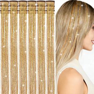 Hair Tinsel Clip in 18 Pcs Gold Clip In Tinsel Hair Extensions, Fairy Hair Tinsel Clips in Sparkly Glitter Hair Tinsel Kit Accessories for Girls Women Festival Party Daily Use (Gold-18 Pcs)