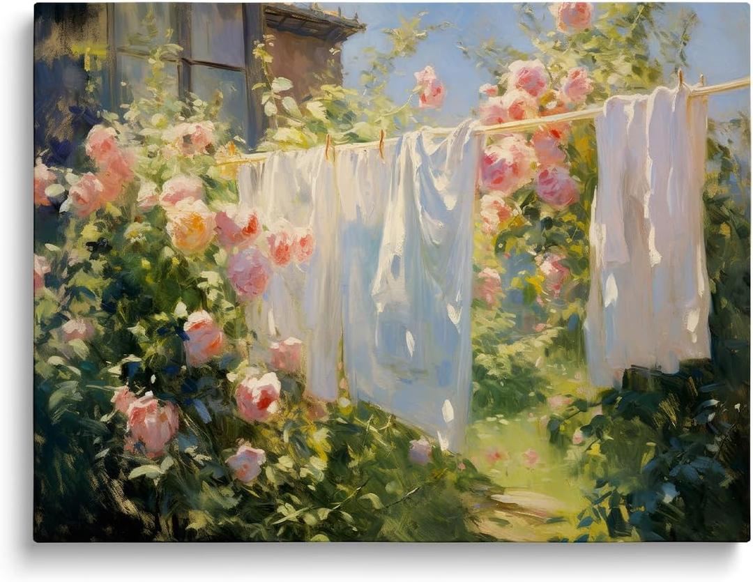 IGMA Laundry Day Wall Art - Vintage Muted Pink Rose Garden Painting, Farmhouse Artwork Cottage Core Decor, Laundry Room Art Decor 12x16inch Unframed, Colourful9