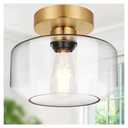 Industrial Semi Flush Mount Ceiling Light Brushed Gold, 800 Lumen LED Bulb Included, Clear Glass Shade Ceiling Light Fixture, Light Fixture for Hallway Bathroom Bedroom, Vintage Hanging Light Fixtures