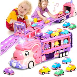 Car Toys for 2 3 4 5 6 7 Year Old Toddler Girl, Unicorn Toys Truck & Foldable Race Track W/Light & Sound, Friction Power Toy Cars W/ 9 Princess Cars, Birthday Gift for Kids Girls Age 4-6