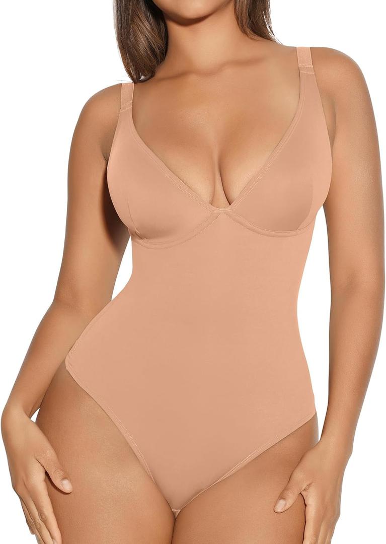 FeelinGirl Shapewear Bodysuits for Women Tummy Control Body Suits Deep V Neck Thong Body Shaper (Large, Sand) FeelinGirl Shapewear Bodysuits for Women Tummy Control Body Suits Deep V Neck Thong Body Shaper (Large, Sand)