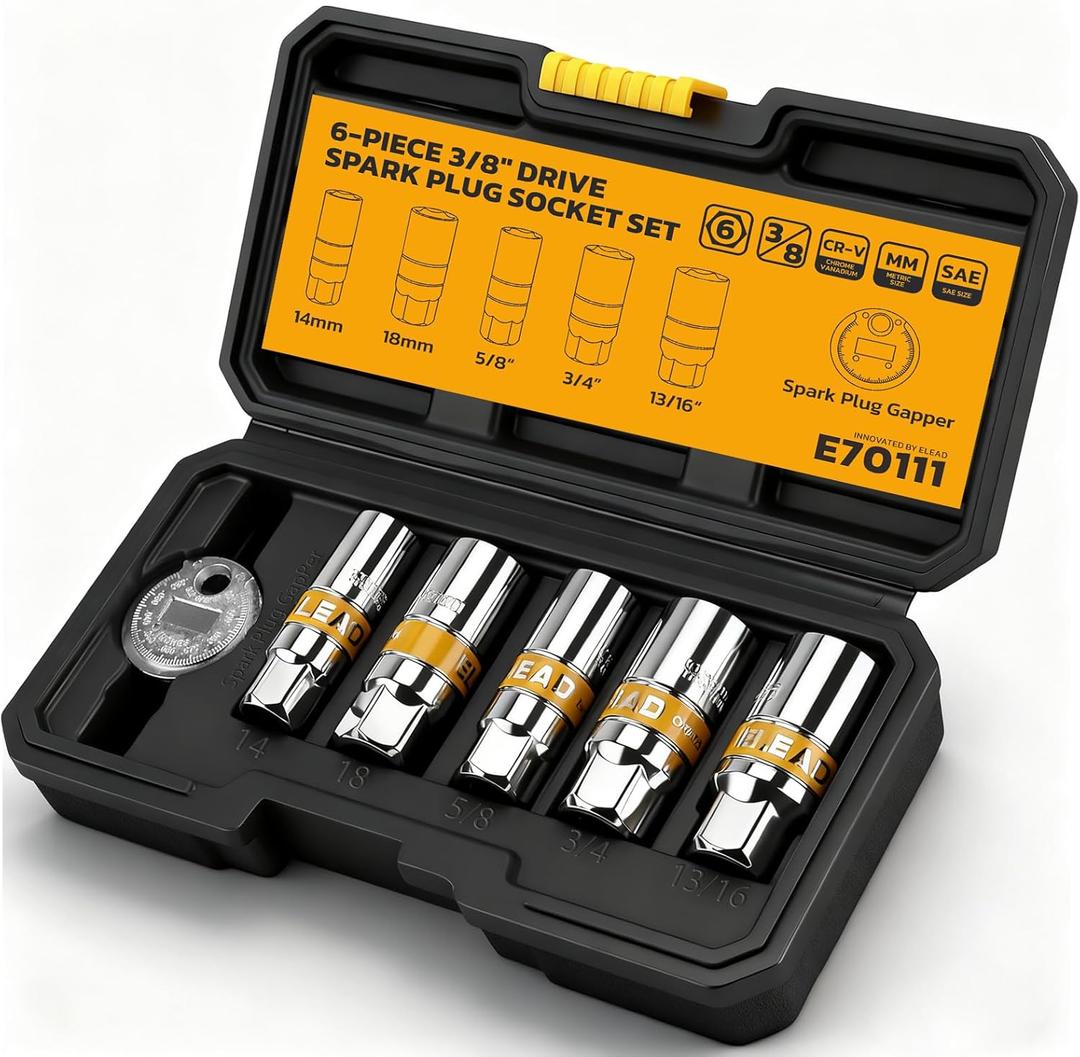 ELEAD 6-Piece 3/8" Drive Spark Plug Socket Set with Spark Plug Gapper, SAE & Metric, 5/8", 3/4", 13/16", 14mm, 18mm, CR-V Sockets with Rubber Holding Rings