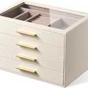 pickpiff Jewelry Box Organizer Case for Women: 4-Layer Jewelry Storage Case with Glass Window, Ivory Leather with Pink Velvet, Holder for Ring Necklace Bracelet Brooch Watch, Great Gift for Her
