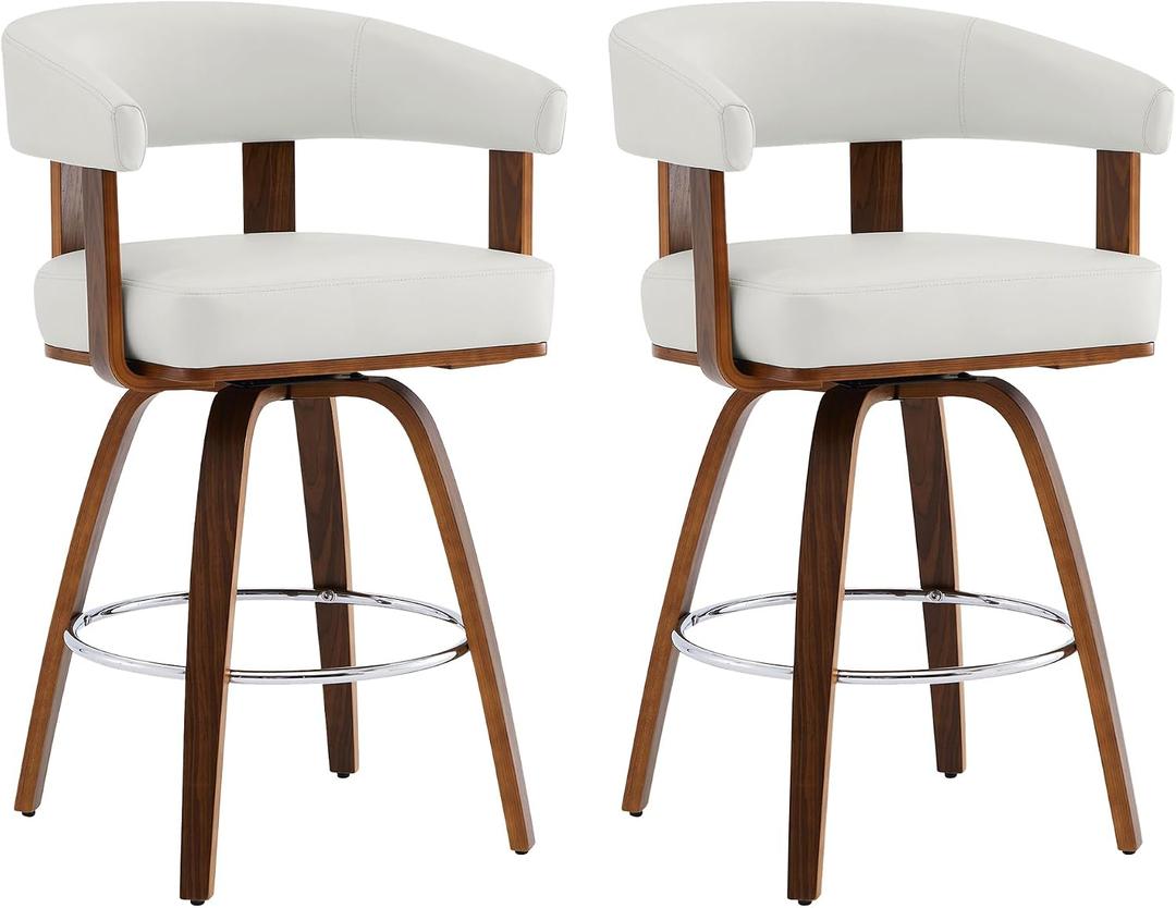 CHITA Swivel Counter Height Barstools Set of 2, FSC Certified Faux Leather Upholstered Bar Stools with Back and Armrest for Kitchen Island Home Bar, 27" Seat Height, White with Walnut Frame