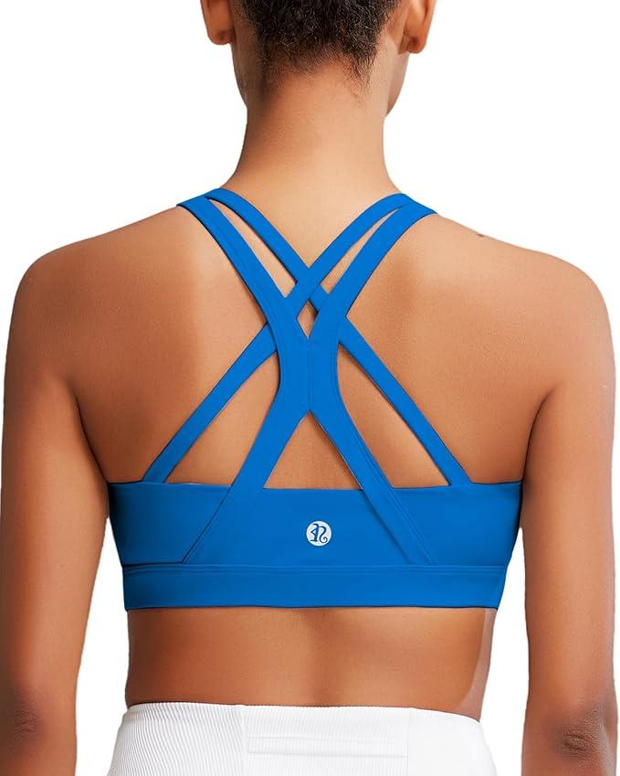 RUNNING GIRL Sports Bra for Women, Medium-High Support Criss-Cross Back Strappy Padded Sports Bras Supportive Workout Tops, blue, size: M 
