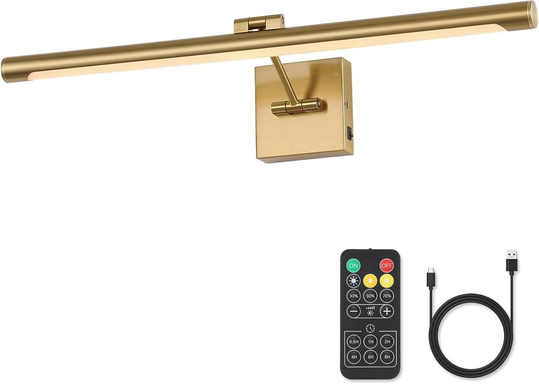 Joosenhouse Battery Operated Picture Lights for Wall Rechargeable Art Lighting for Paintings Wireless Gallery Lights with Remote Control and Dimmable Timed Off Brass Wall Lights 24.4 inch