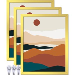 Gold 14x18 Picture Frame Set of 3, High Transparent Frame for 14 By 18 Photo Collage Canvas Poster Size Wall Mount and Tabletop Horizontally Vertically (Gold, 14 x 18 inches)