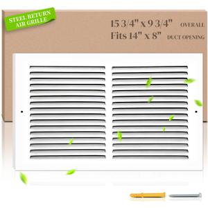 14"W x 8"H Return Air Grille [Duct Opening Size], Steel HVAC Return Air Vent Cover for Wall & Ceiling, White Powder-Coated Rust-Resistant AC Cold Air Return, Outer Dimensions 15.75"W x 9.75"H