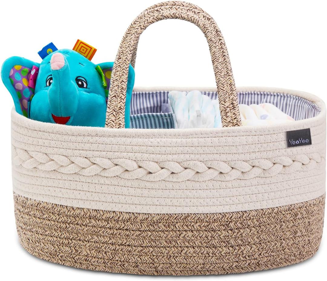 Baby Diaper Caddy Organizer, Portable Nursery Storage Basket with Changeable Compartments, 100% Cotton Woven Rope Baskets, Car & Changing Table Tote, Newborn Gift (Yellow)