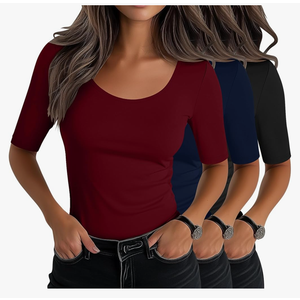 Neer 3 Pack Women's Scoop Neck Stretchy Tops Cotton Half Sleeve Slim Fitted T-Shirts Tight Casual Basic Summer Tees, Large