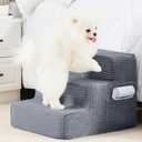 HYLEORY Dog Stairs for Bed 13.5''H, 3-Step Pet Stairs for Small Dogs & Cats, Sturdy Pet Steps with Non-Slip Bottom, Functional Portable Dog Ramp for Couch/Chair/Sofa/Car, with Storage Pocket, Grey