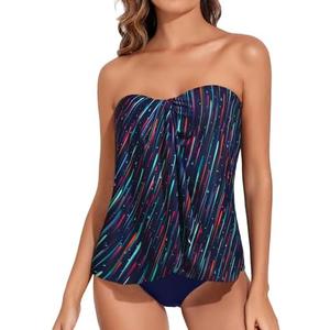 Tempt Me Two Piece Tankini Bathing Suits for Women Halter Bandeau Swim Top with Bottom Flyaway Tummy Control Swim, Large