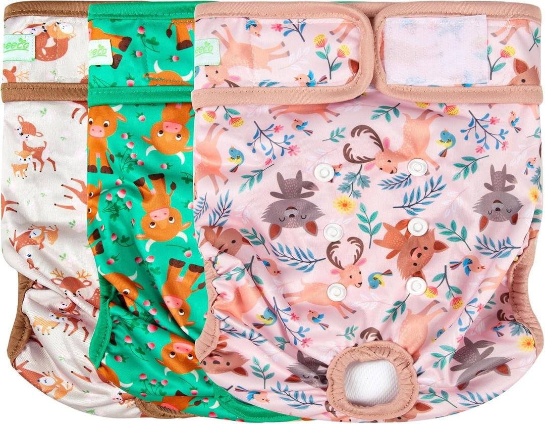 wegreeco Washable Female Dog Diapers Highly Absorbent Reusable Diapers for Dog in Heat Period, 3 Pack (Deer, Medium) (Medium (12"-15" Waist))