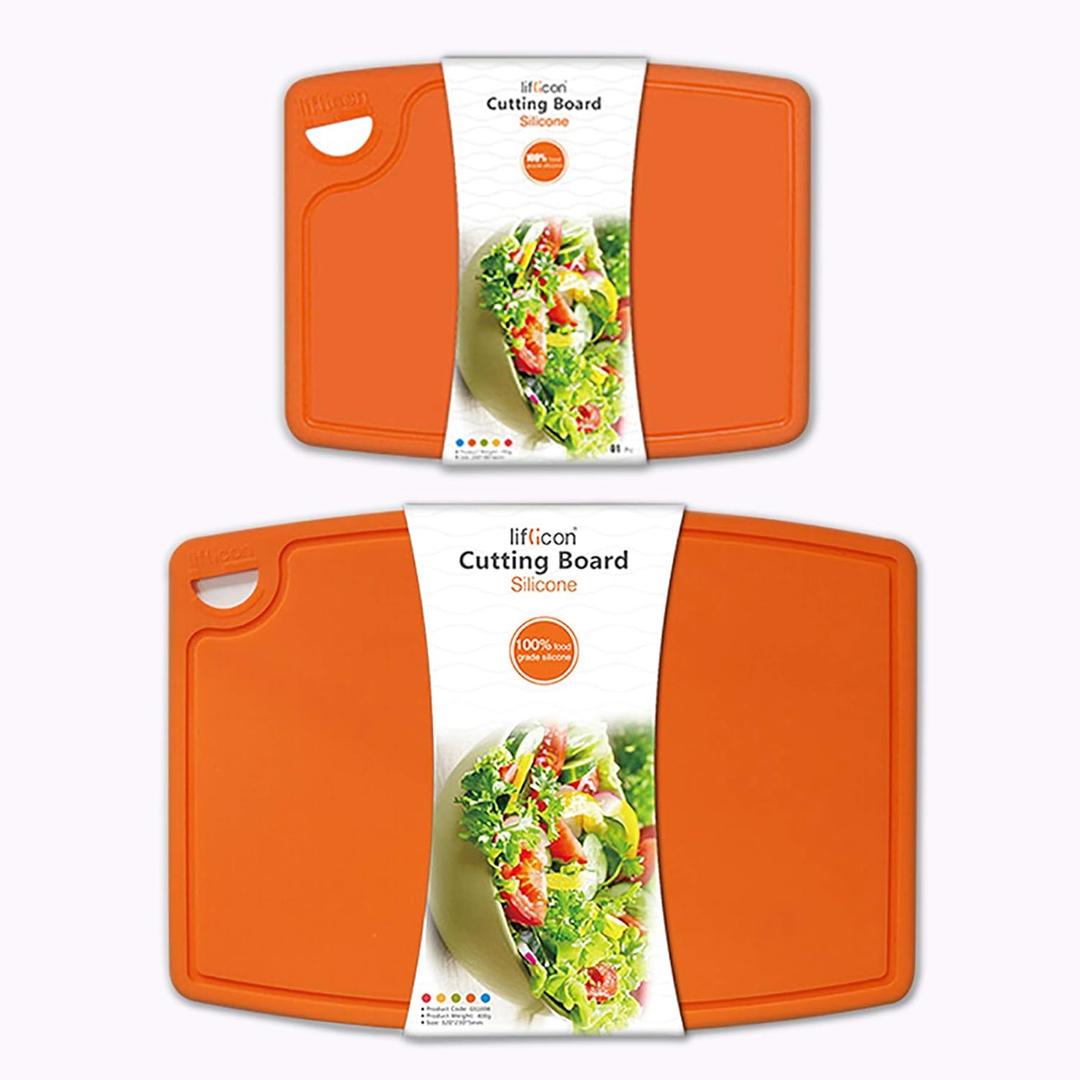 Thick Cutting Boards for Kitchen Silicone Chopping Board Set of 2 Mid 12.6'' x 9.1,Mini 9.1x7.1 Non-slip Deep Drip Juice Groove Easy Grip Handle,Dishwasher Safe-Orange, 2 Pack