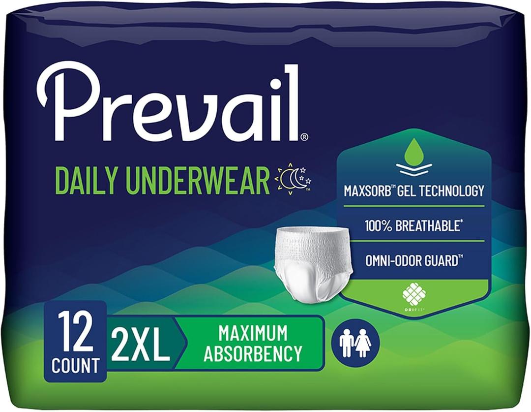 Prevail Daily Protective Underwear - Unisex Adult Incontinence Underwear - Disposable Adult Diaper for Men & Women - Maximum Absorbency - XX-Large - 12 Count (Pack of 4)