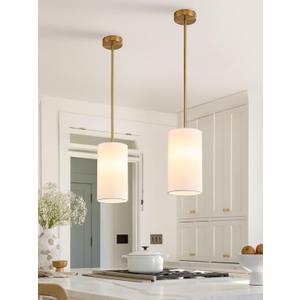Fabric Pendant Light for Kitchen Island Gold and White Pendant Lamp with Cylinder Linen Shades 2-Pack Mini Farmhouse Hanging Light Fixture for Dining Room 5 Pendant Lighting for Sink Bedroom