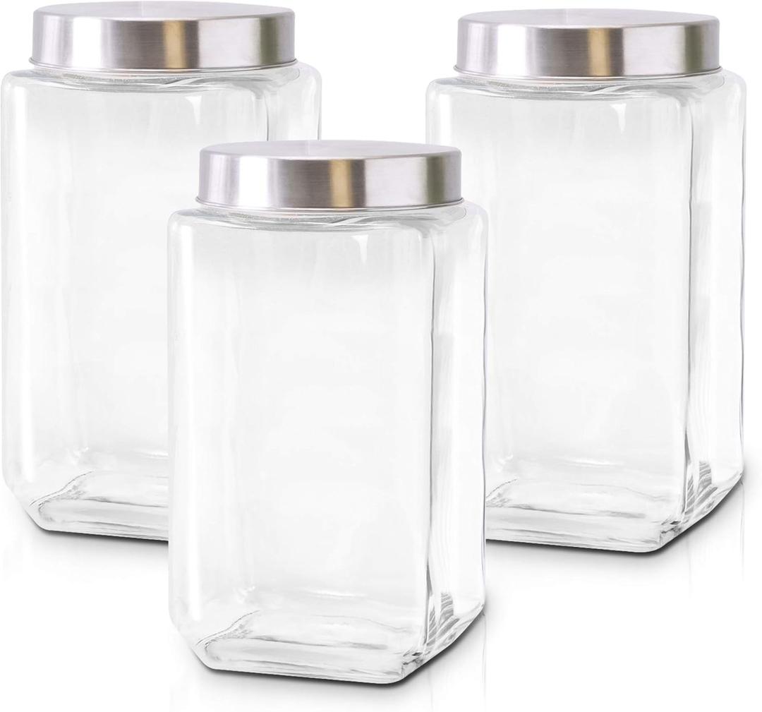 Glass Canisters for Kitchen  Set of 3 Large Food Storage Containers  70Oz Storage Jars with Stainless Steel Lids  Suitable for Snacks, Flour, Sugar, Pet Treats  Screw-On Lid