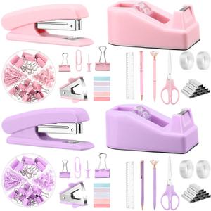 2 Set Mini Office Supplies Set Stapler and Tape Dispenser Kit for Women Desk Sets and Accessories Office Supply Kit, 1000 Staples, Staple Remover, Scissors, Pen, Tabs, Ruler, Clips