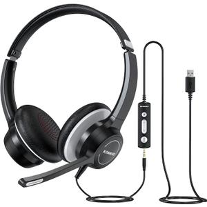 USB Headset with Microphone, 3.5mm Wired Computer Headsets with Noise Cancelling Microphone, Stereo Headphones with MIC for PC, in Line Controls, Work Headset for Skype Zoom Tablet Laptop (All Black)