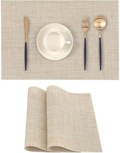 DVLOL Beige Placemats Set of 2 - Heat Resistant Non-Slip Place mats for Dining Table, Washable Durable PVC Vinyl Woven Table Mats (Beige, 2)