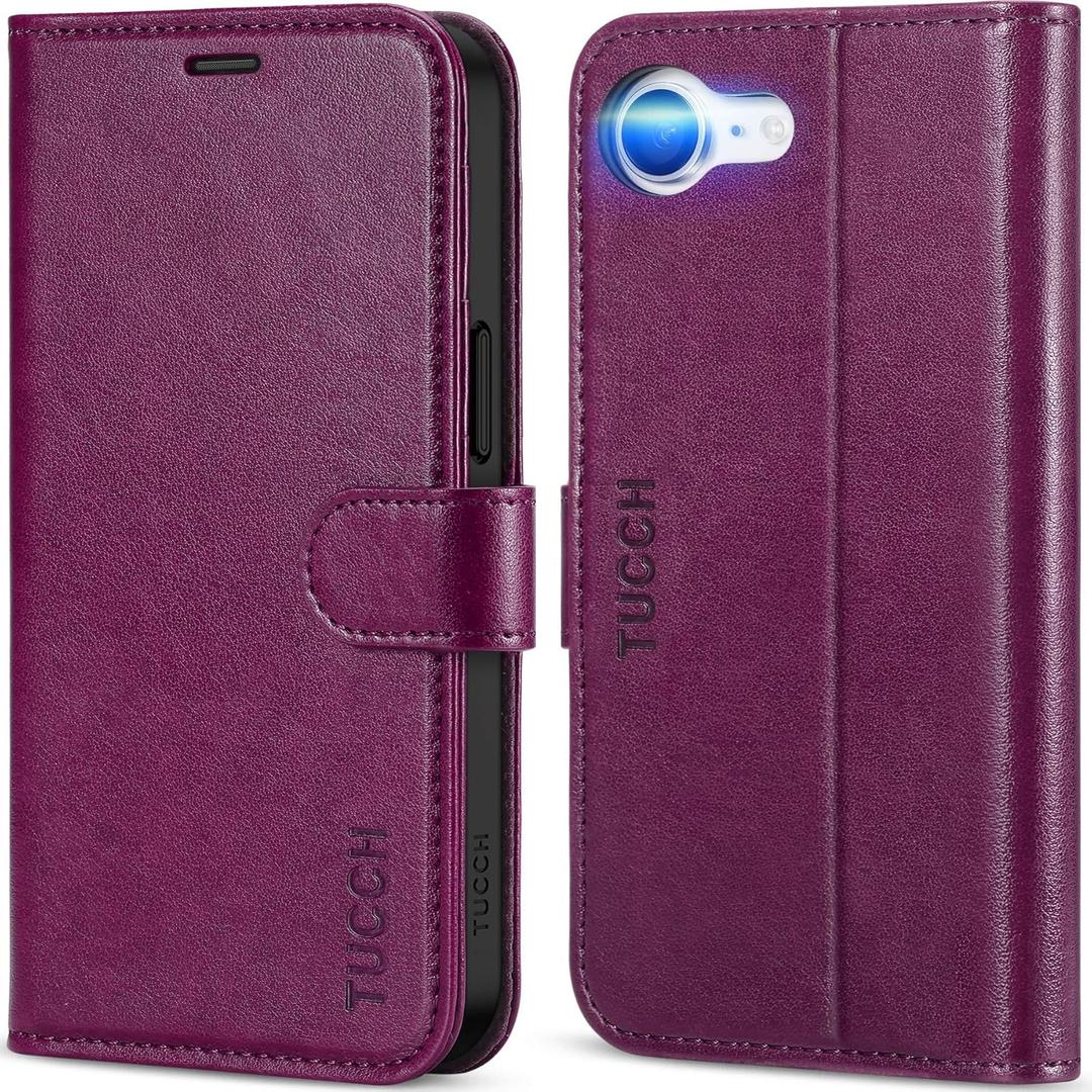 TUCCH Case Wallet for iPhone 16e, Kickstand PU Leather Magnetic Protective Flip Cover with [RFID Blocking] [4 Card Slots] [TPU Interior Case] Compatible with iPhone 16e 6.1", Plum Purple
