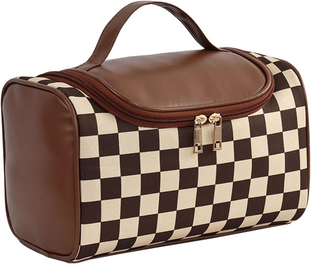 Makeup Bag, Travel Portable Checkered Pattern Cosmetics Skincare Storage Bag (Brown)