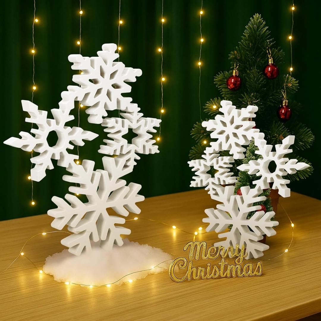 Thyle 2 Sets Christmas Wooden Snowflake Decorations 12.2 Inches 9.5 Inches 3D Winter White Snowflake Tabletop Sign Wonderland Wood Blocks for Xmas Centerpiece Farmhouse Rustic Home Decor