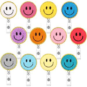 Tinlade 12 Pcs Smile Face Badge Reels Bulk Retractable Felt Badge ID Clip Happy Face Name Tag Holders for Nurse Doctors Teacher Team Coworkers Employee Office Graduation Favors (Assorted Color)