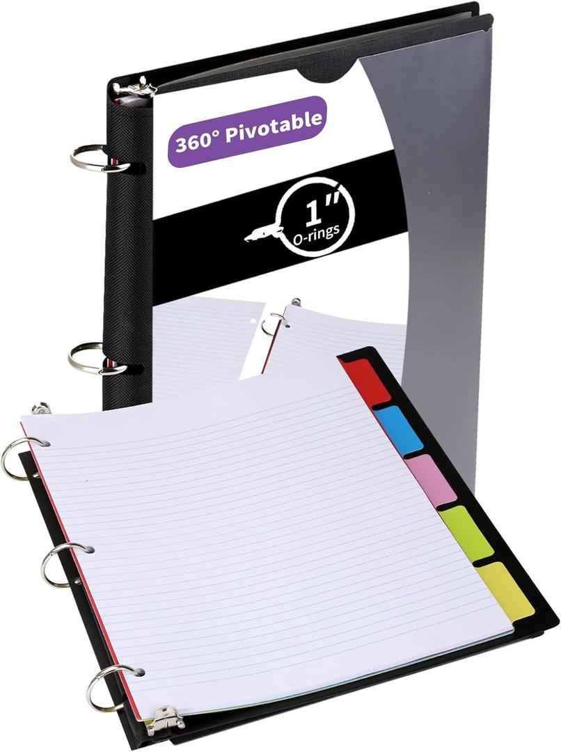 2 Pcs Pivotable Refillable Notebook, Upgraded 1 Inch 3 Ring Notebook Binder, 50 College Ruled Paper, 5 Subject Notebook with Dividers and Folder Pockets, Tabs- Black