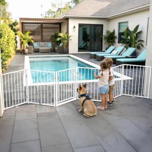 BFNN 120" W Freestanding Dog Gate with Door for Indoor & Outdoor, 24'' Tall
Foldable Metal Pet Gate for Doorways/Stairs/Hallways, Puppy Fence for Deck, Flexible Space Control, No Drill, White
