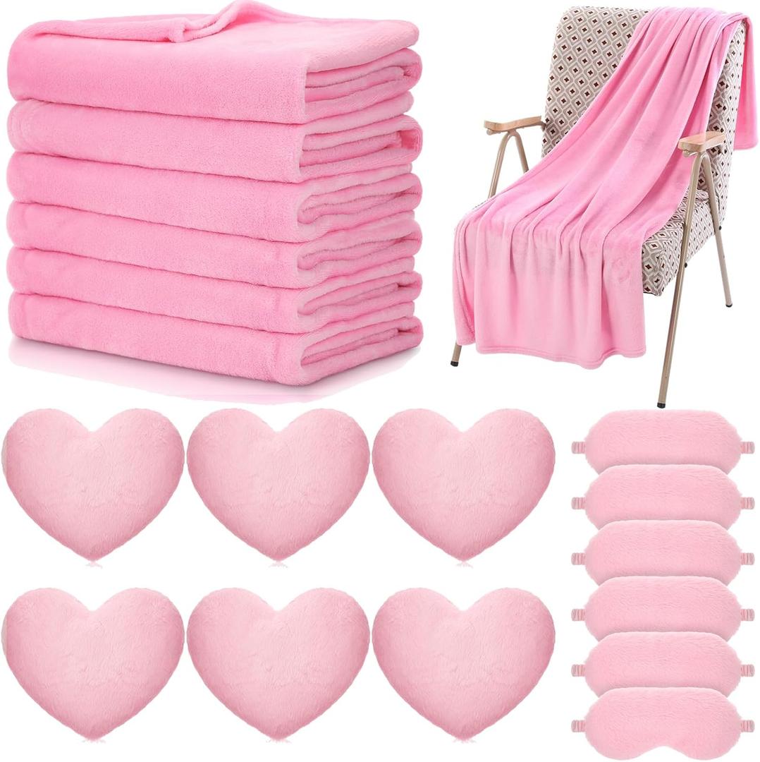 Fanfanwin 18 Pcs Kids Sleepover Party Supplies Set for Girls Fleece Soft Blankets Fluffy Heart Throw Pillow Plush Sleep Eye Mask for Spa Camping Birthday Favors(Light Pink)
