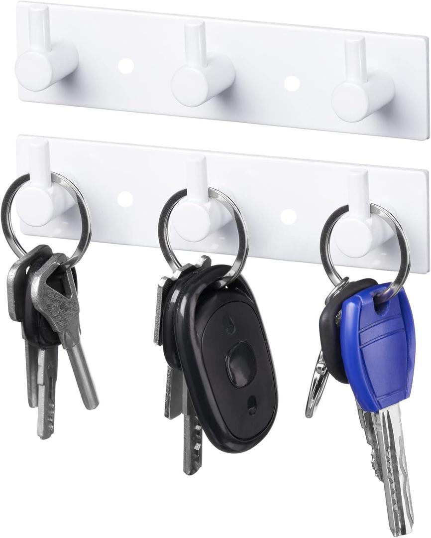 Stainless Steel Wall Key Holder Set of 2 - 3 Key Hooks Modern Hanger for Home, Kitchen, Entryway, Hallway, Office, Cabinet, Bathroom (White)