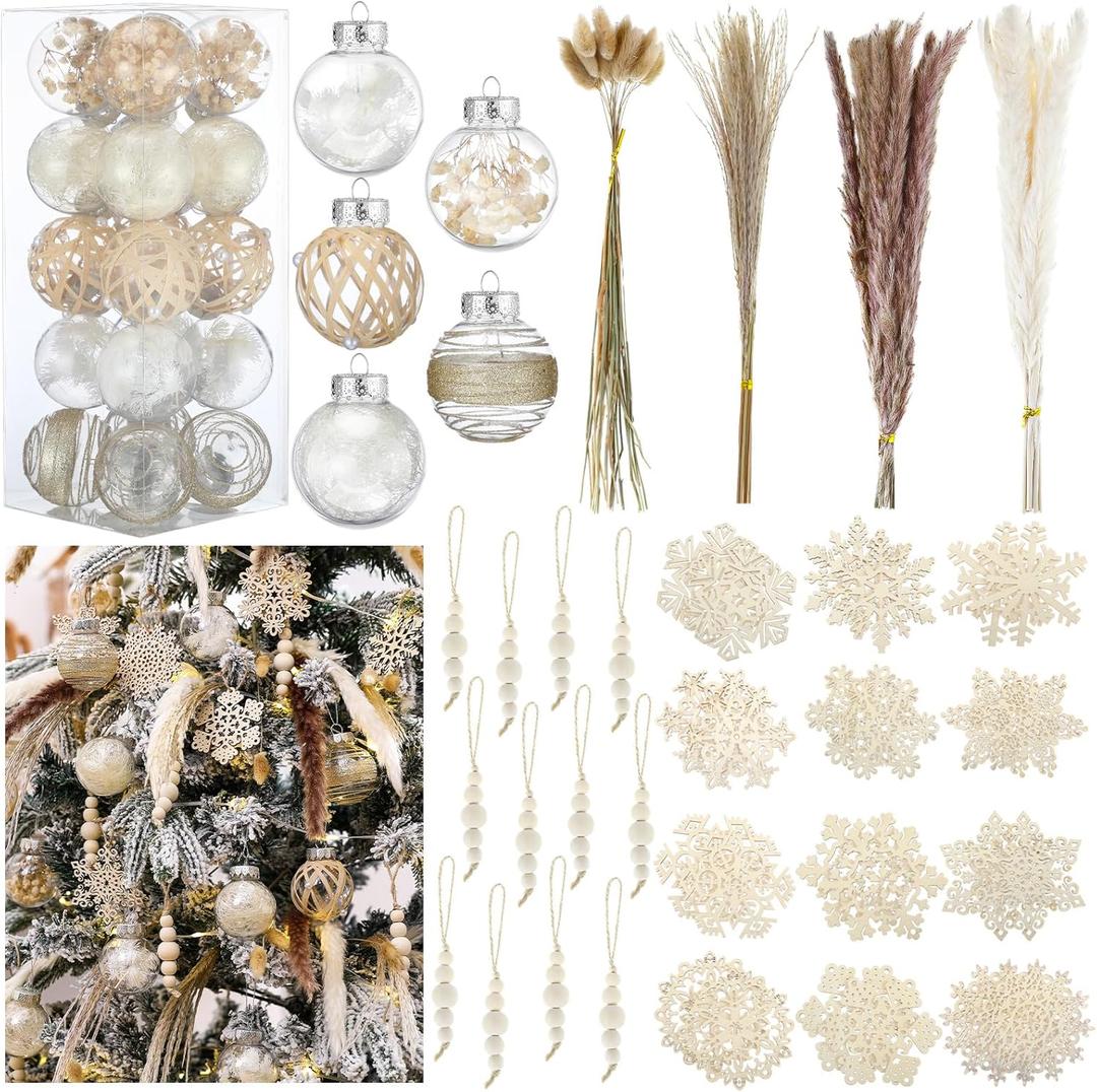 106 Pcs Boho Christmas Tree Decoration Set Include 50 Dried Pampas Grass 20 Christmas Ball Ornament 24 Wooden Snowflake Ornament 12 Wooden Beads for Xmas Rustic Farmhouse Holiday Decor