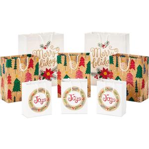 Hallmark Holiday Gift Bags (8 Bags: 3 Small 6", 3 Medium 9", 2 Large 13") Recyclable Kraft with Pink Trees, Merry Holidays Winter Flowers, Joy Wreath for Christmas, Hanukkah, Weddings