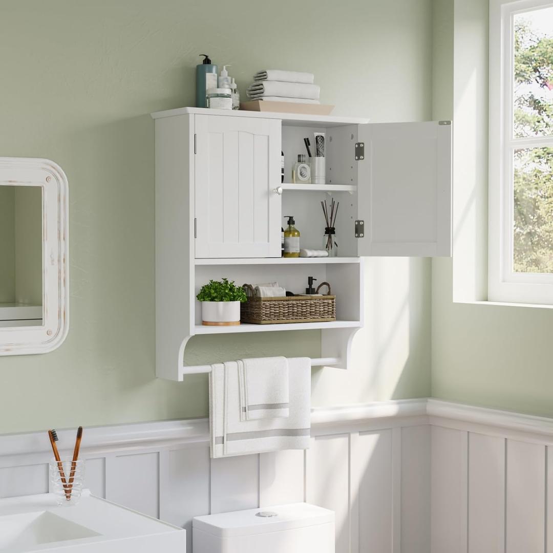 Smuxee White Bathroom Cabinet Wall Mounted with Towels Bar, Bathroom Medicine Cabinet with 2 Door Adjustable Shelves, Over Toilet Cabinet for Bathroom Laundry Room Kitchen, Big