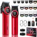 VGR 001 & 977 Professional Hair Clippers for Men, Cordless Barber Clippers and Zero Gap Trimmers Set, DLC Coating Blade Hair Cutting Kit with LED Display, USB Rechargeable Barber Set(Red)