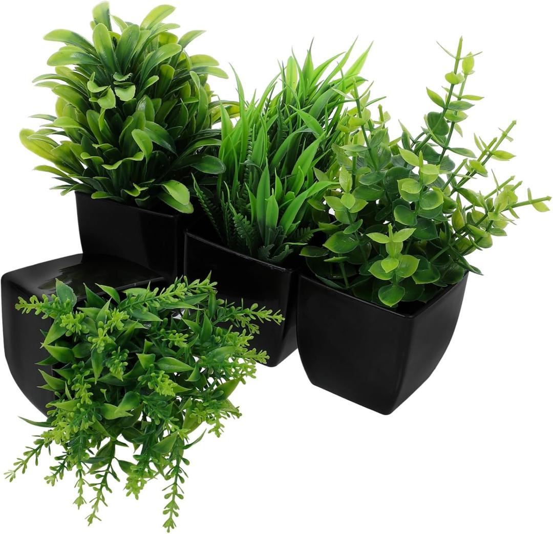 4pcs Mini Artificial Eucalyptus and Faux Grass Plants in Black Pots Small Fake Plants for Indoor Home Office Bathroom Shelf Space Saving Decorative Greenery for Table and 4pcs Mini Artificial Eucalyptus and Faux Grass Plants in Black Pots Small Fake Plants for Indoor Home Office Bathroom Shelf Space Saving Decorative Greenery for Table and
