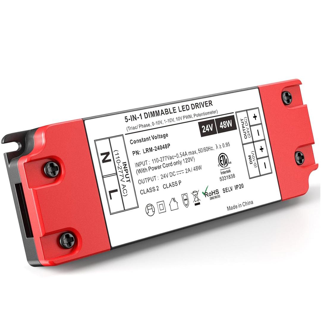 48W 24V Dimmable LED Driver, 5 in 1 TRIAC/0-10V/1-10V/10V PWM/RX AC to DC Lighting Power Supply Transformer for All Lutron & Levition Dimmer, Constant Voltage Projects, UL&FCC-Listed, Class 2