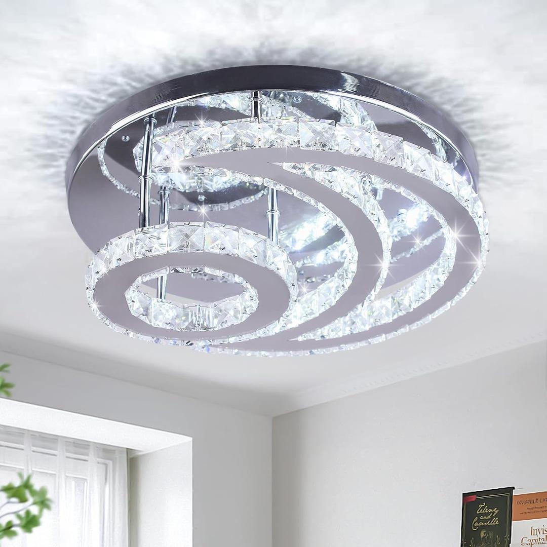 CXGLEAMING 15.7" Crystal Chandelier Modern LED Ceiling Light Moon Shape Crystal Flush Mount Ceiling Lights Fixture for Bedroom Living Room Kitchen Hallway (6500K Cool White)