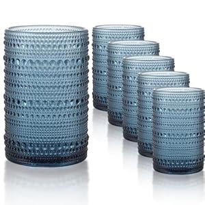 FayuuGem Hobnail Drinking Glasses, 6 Highball Glasses 15 Oz, Embossed Old Fashioned Glassware for Water, Wine, Beer, Juice, Mixed Drinkware (Cornflower Blue)
