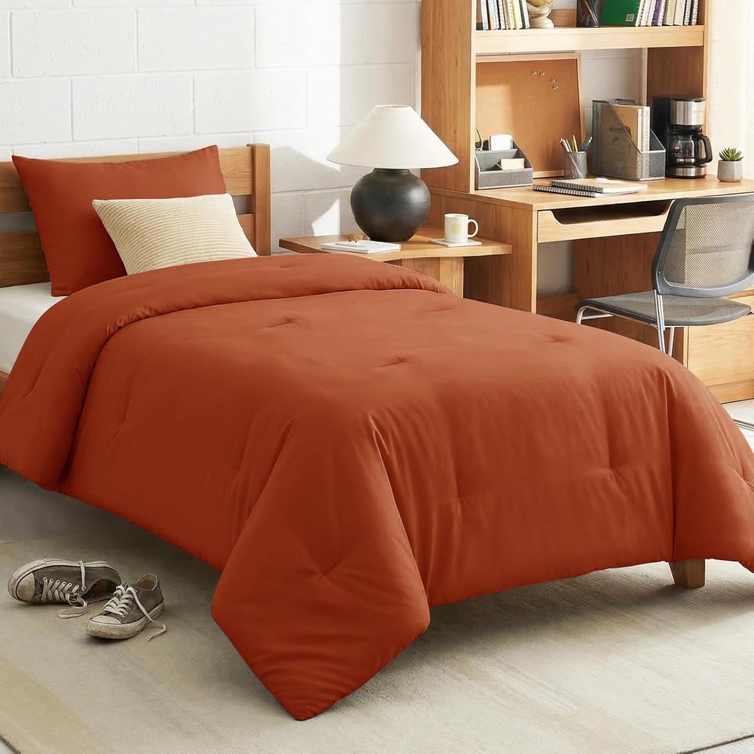 CozyLux Twin Comforter Set Terracotta, 2 Pieces Twin Extra Long Solid Breathable Bedding Set for College Dorm, Twin XL Burnt Orange Luxury Soft Bed Set with Down Alternative Comforter and 1 Pillowcase