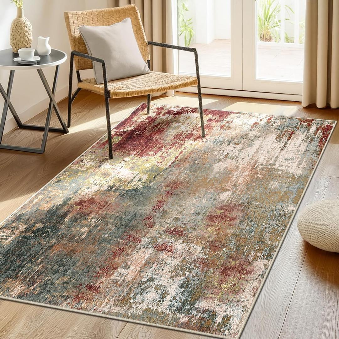 Washable Area Rugs 3'x5' Non-Slip Modern Abstract Soft for Living Room Entryway Bedroom Nursery, Print Pattern, Brown Rust Red Green Blue Multi
