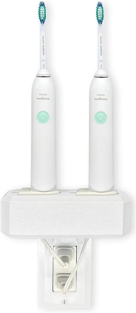Electric Toothbrush Holder, Wall Mount, Compatible with Sonicare Holds 2 Chargers, Mounts on Single GFCI/Decora Outlet ONLY. (Charger/Brushes NOT Included), White (PS2C-GSSV)