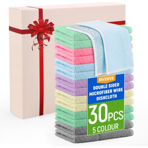 2 x 2-Sided Cleaning Dish Towels for Kitchen Microfiber Wash Cloths,30pcs Non Scratch Wire Dishcloth,Wire Dishcloth Home Essentials-Reusable Steel Wool Scrubber Washcloths,Set for Pans Sinks & Cookware